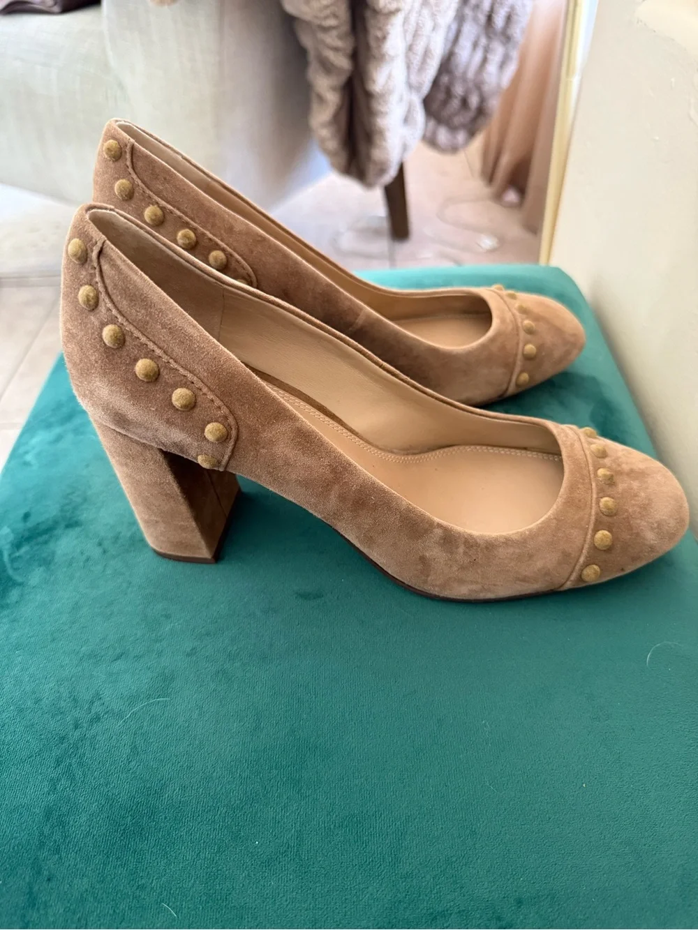 Tory Burch Colt Women’s Suede Block Heel Pumps in light brown with Stud Detail